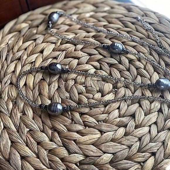 Chico’s Crystal Marcasite & Glass Beads Necklace Pewter Finish 39in Mob Wife - Picture 2 of 9